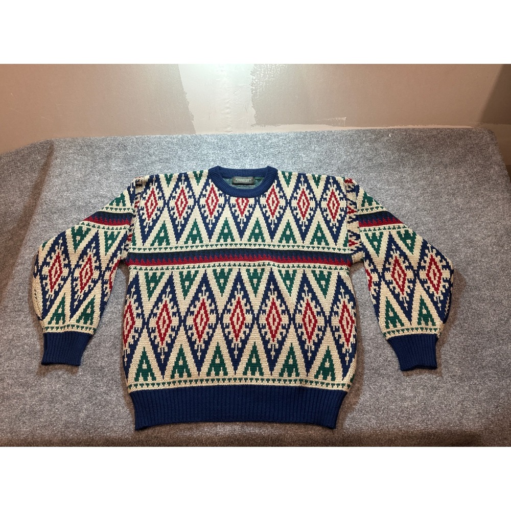 Vintage 80s Jonathan Stewart Grandpa Sweater Geometric Knit Men's L Multicolor